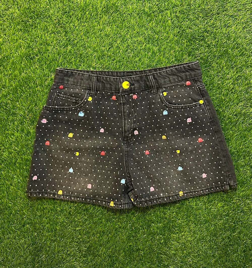 Justice Girls Black Pac-Man Embellished Denim Shorts, Size 18